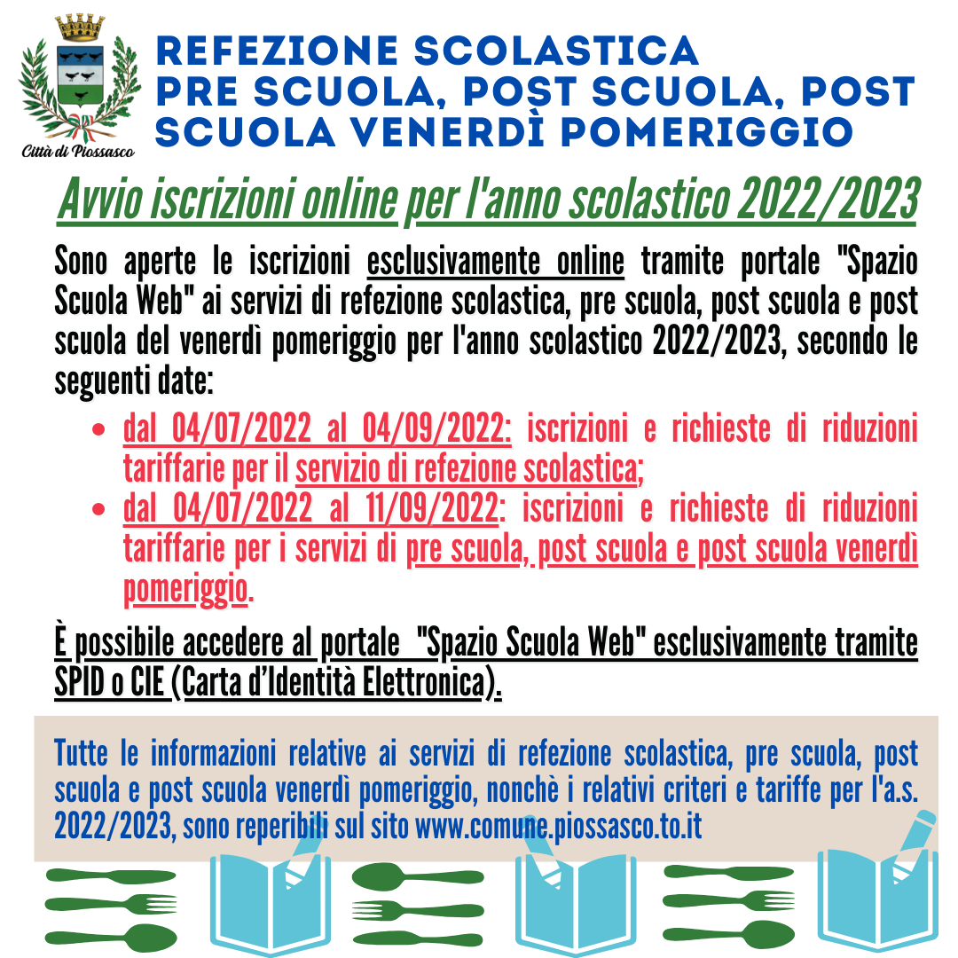 Refezione Scolastica, Pre Scuola, Post Scuola, Post Scuola Venerdì Pom