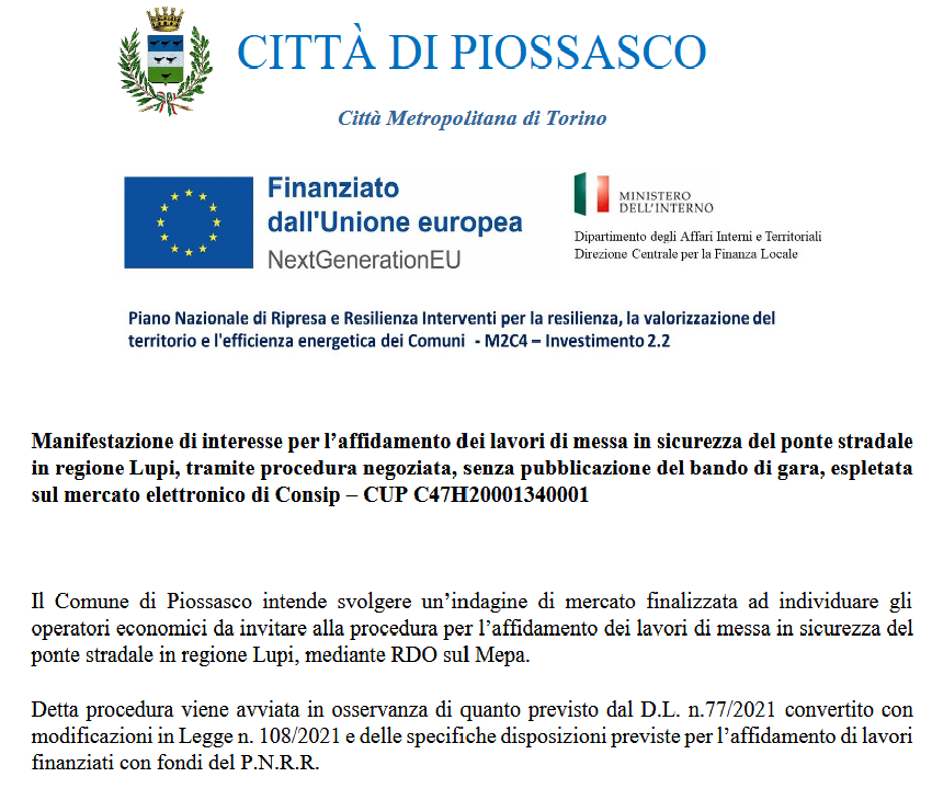 Indagine di mercato per messa in sicurezza ponte stradale Regione Lupi