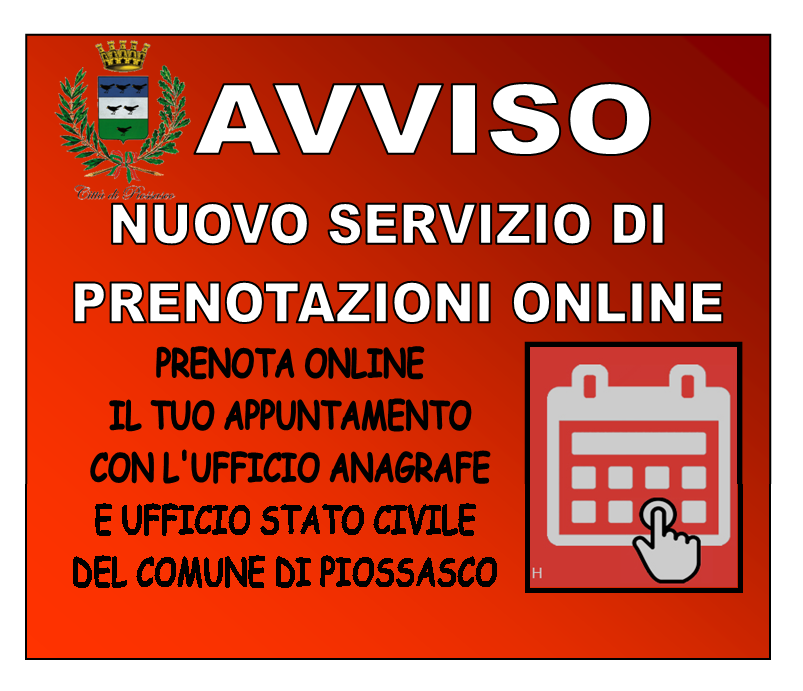 Dal  21 aprile  2021 puoi PRENOTARE online il tuo appuntamento presso gli uffici anagrafe e stato civile del Comune di Piossasco